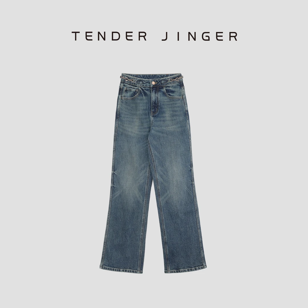 Tender Jinger【黑标】复古蓝色长绒棉修身小直筒牛仔长裤T51RM109R