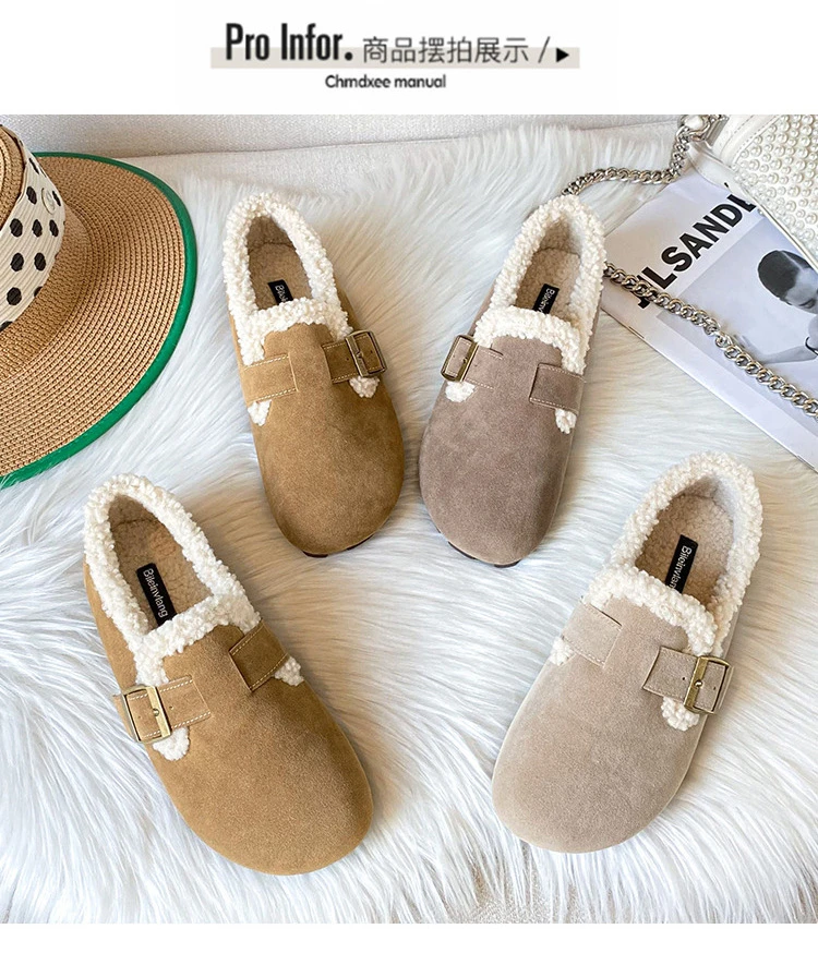 勃肯鞋女加绒平底一脚蹬豆豆鞋2024新款保暖乐福鞋博肯孕妇棉鞋冬