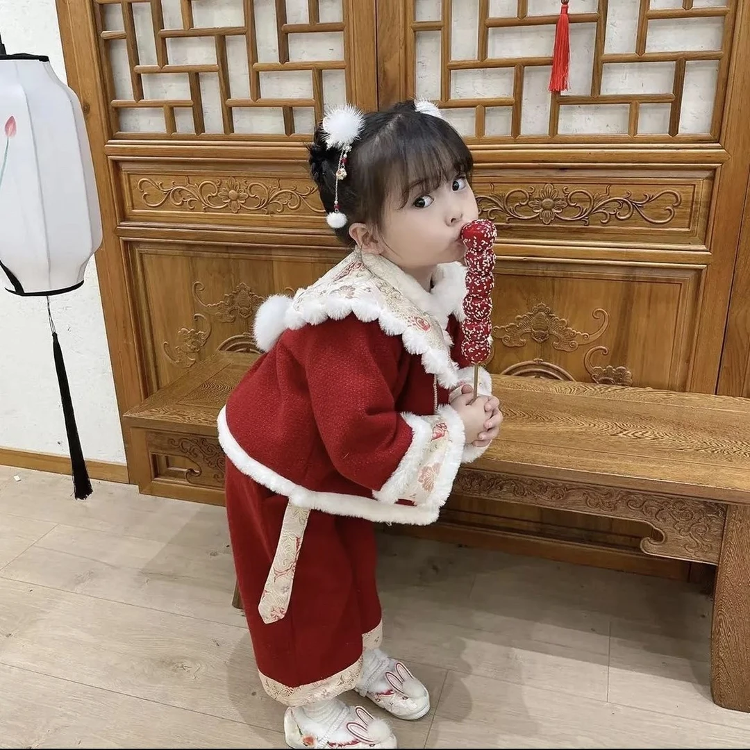 拜年服女宝冬装加绒加厚中国风冬款新年唐装元旦过年汉服保暖套装