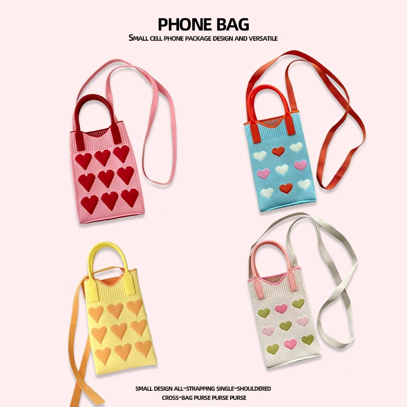 新款日韩单肩竖款斜挎手机包女新款小包包小众设计爱心图案手拎包