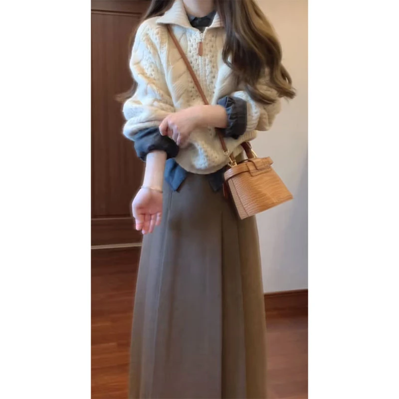 2024秋冬新款韩系慵懒休闲针织套头毛衣百搭衬衫高腰半身裙三件套