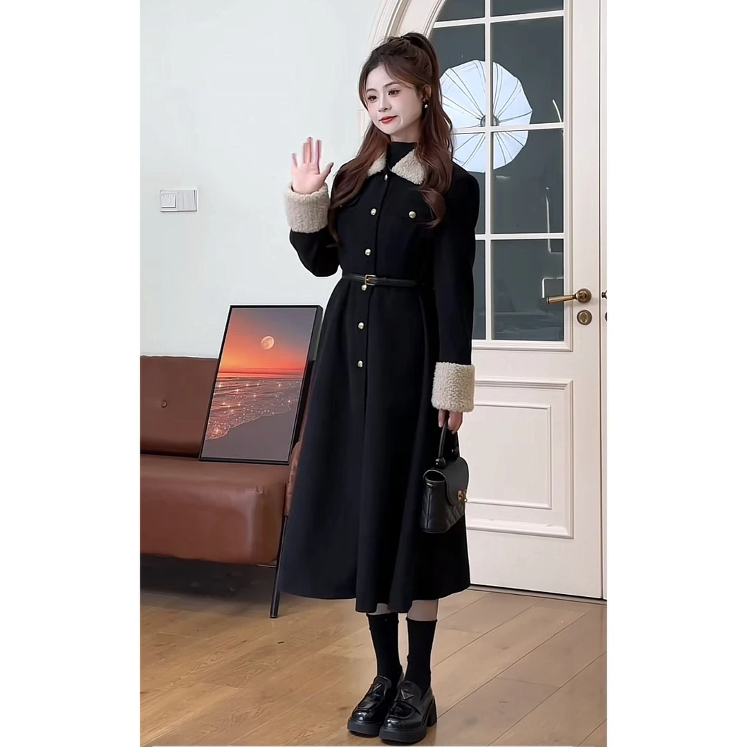 时尚冬季一整套女装2024新款韩版气质翻领中长款收腰显瘦外套大衣