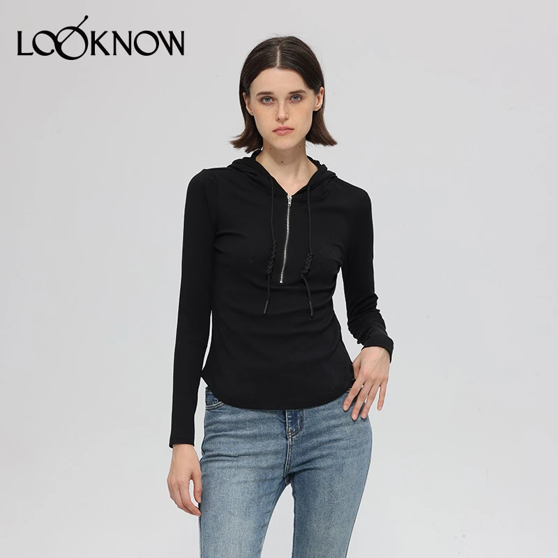 madeinormal设计师品牌LOOKNOW春夏新款拉链装饰帽绳打底衫