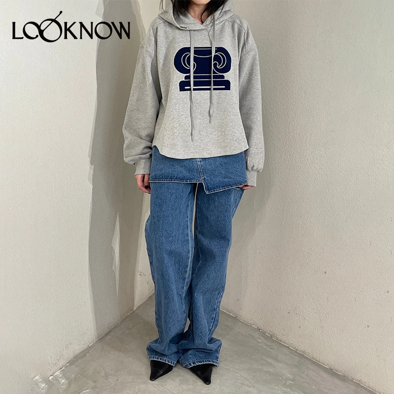 YCH设计师品牌LOOKNOW秋冬23新款灰色符号徽标连帽卫衣