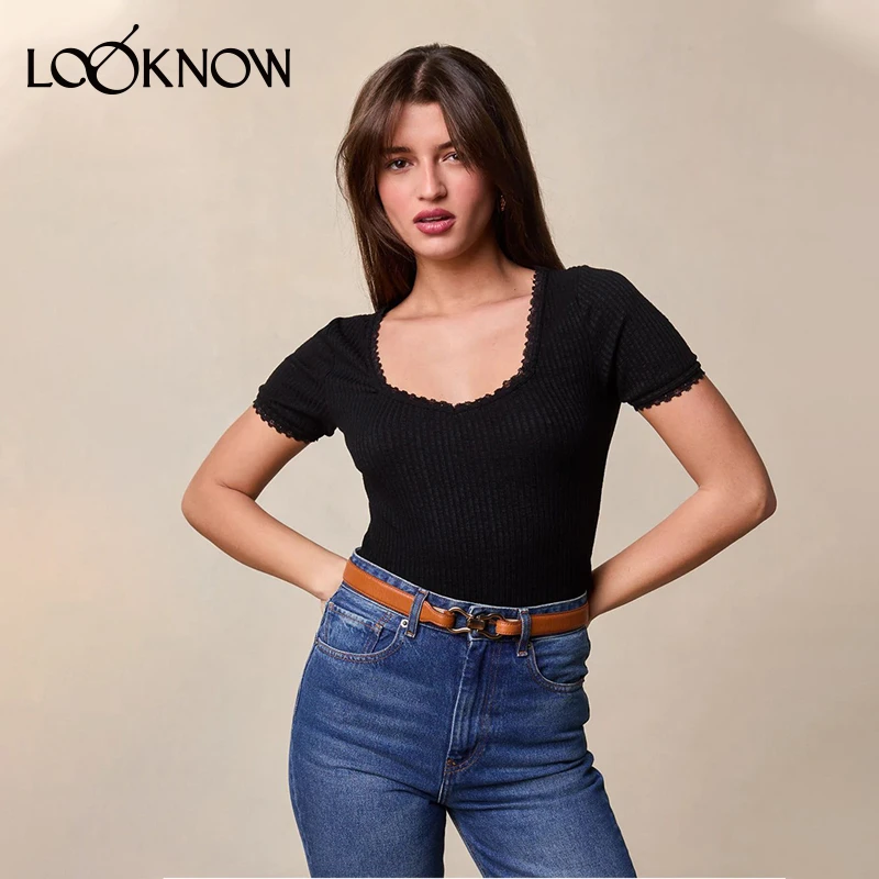 ROUJE设计师品牌LOOKNOW春夏新款黑色紫色米黄色短袖U领T恤女