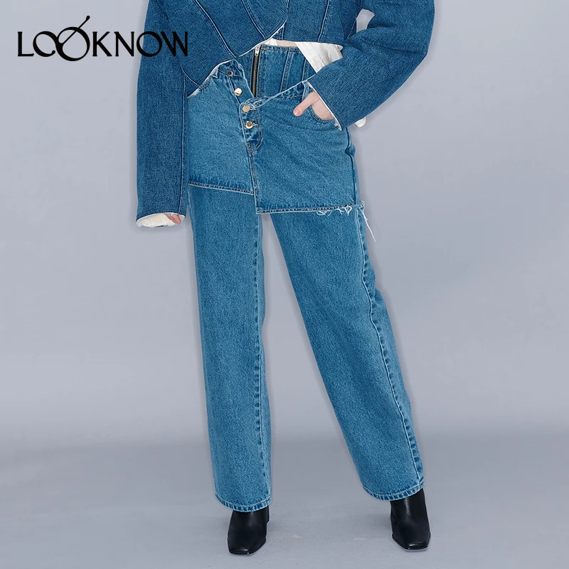 ych设计师品牌LOOKNOW新款双层挖剪牛仔裤