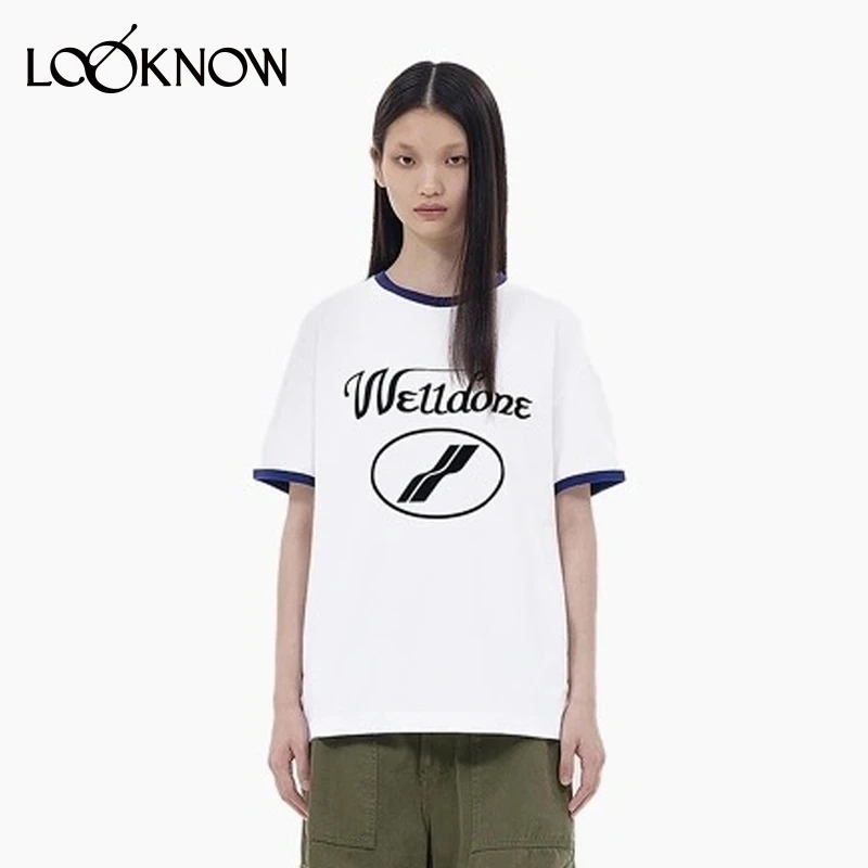 WE11DONE设计师品牌LOOKNOW春秋新款蓝色红色拼色logoT恤