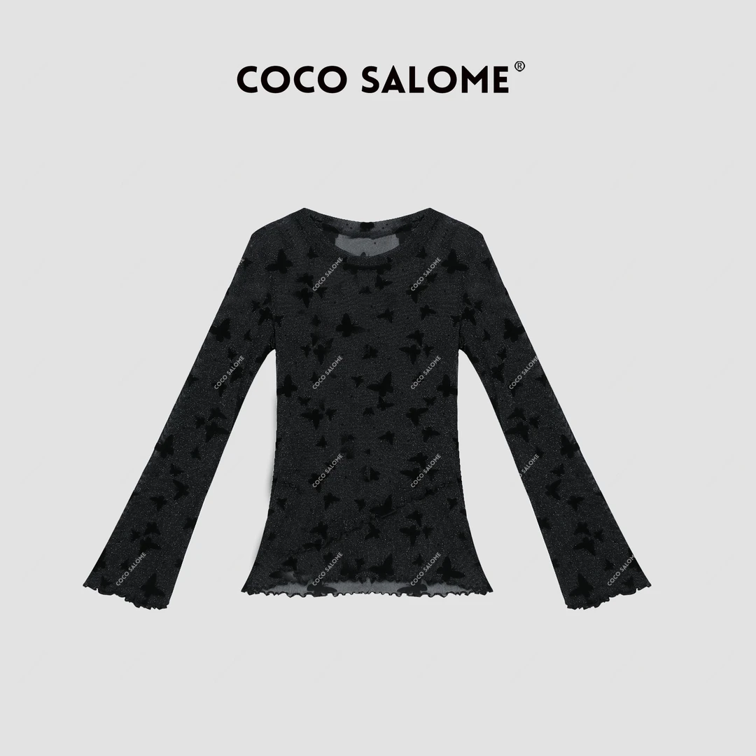 COCO SALOME⑩【蝴蝶雾】植绒蝴蝶工艺镂空银丝绒圆领重工长袖0336