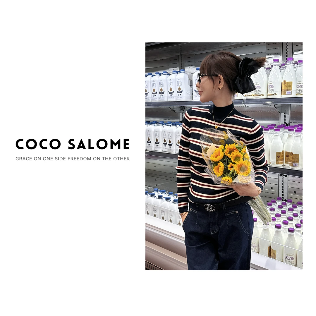 COCOSALOME⑩【蝴蝶】秋冬韩系银丝线撞色条纹口袋毛衣0485