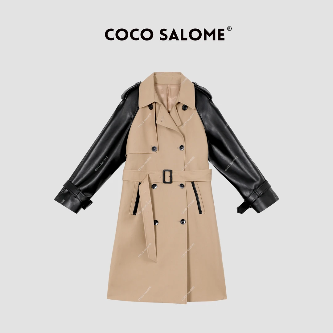 韩彬彬"拜伦女主"配腰带轻奢百搭休闲拼接风长款外套风衣4070-10