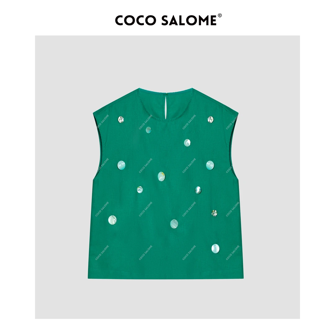 韩彬彬"波斯顿"夏季亚麻手缝天然贝母扣百搭洋气无袖背心0409-10