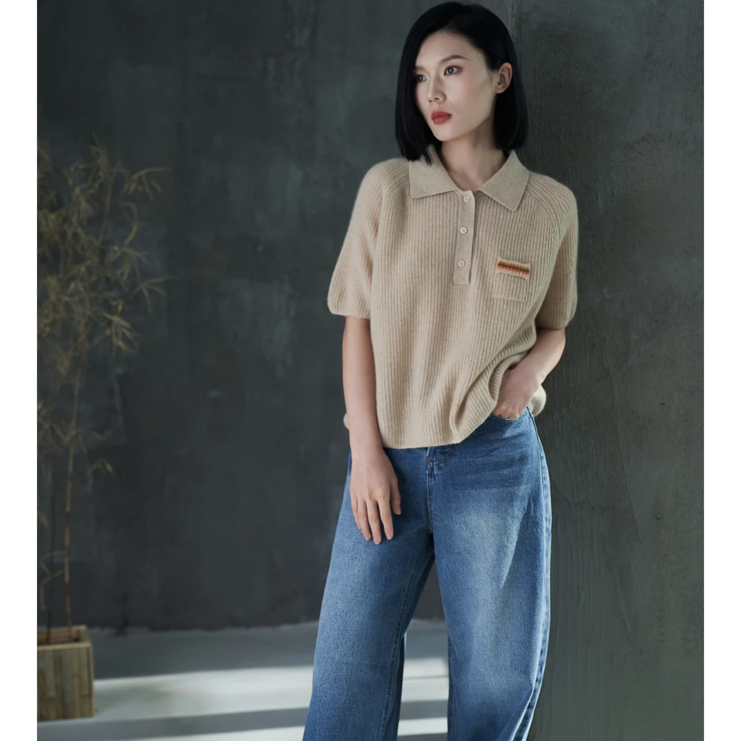 山羊绒福利款 短袖Polo翻领时尚 女士山羊绒衫 秋冬纯色百搭