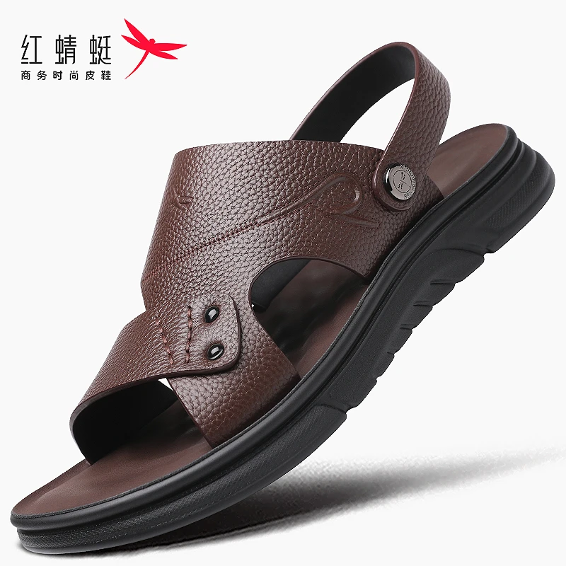 红蜻蜓夏季头层牛皮沙滩凉鞋透气真皮外穿软底时尚休闲男款凉鞋