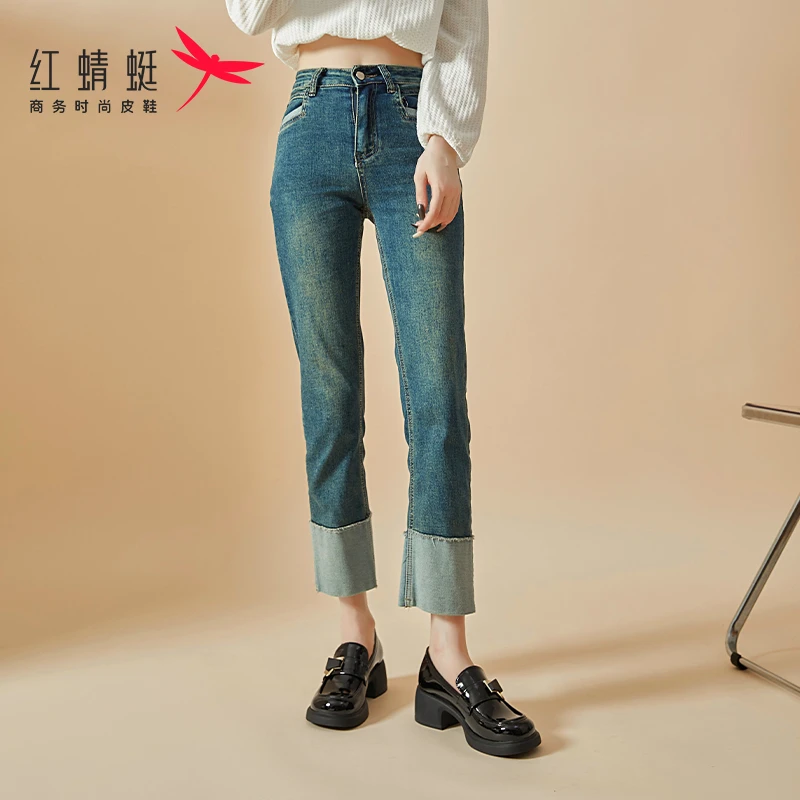 红蜻蜓女鞋粗跟乐福鞋女英伦风小皮鞋秋冬新款一脚蹬漆皮百搭通勤