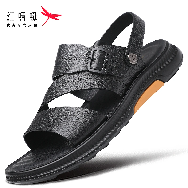 红蜻蜓男士凉鞋夏季透气凉鞋真皮户外沙滩鞋外穿休闲爸爸软底防滑