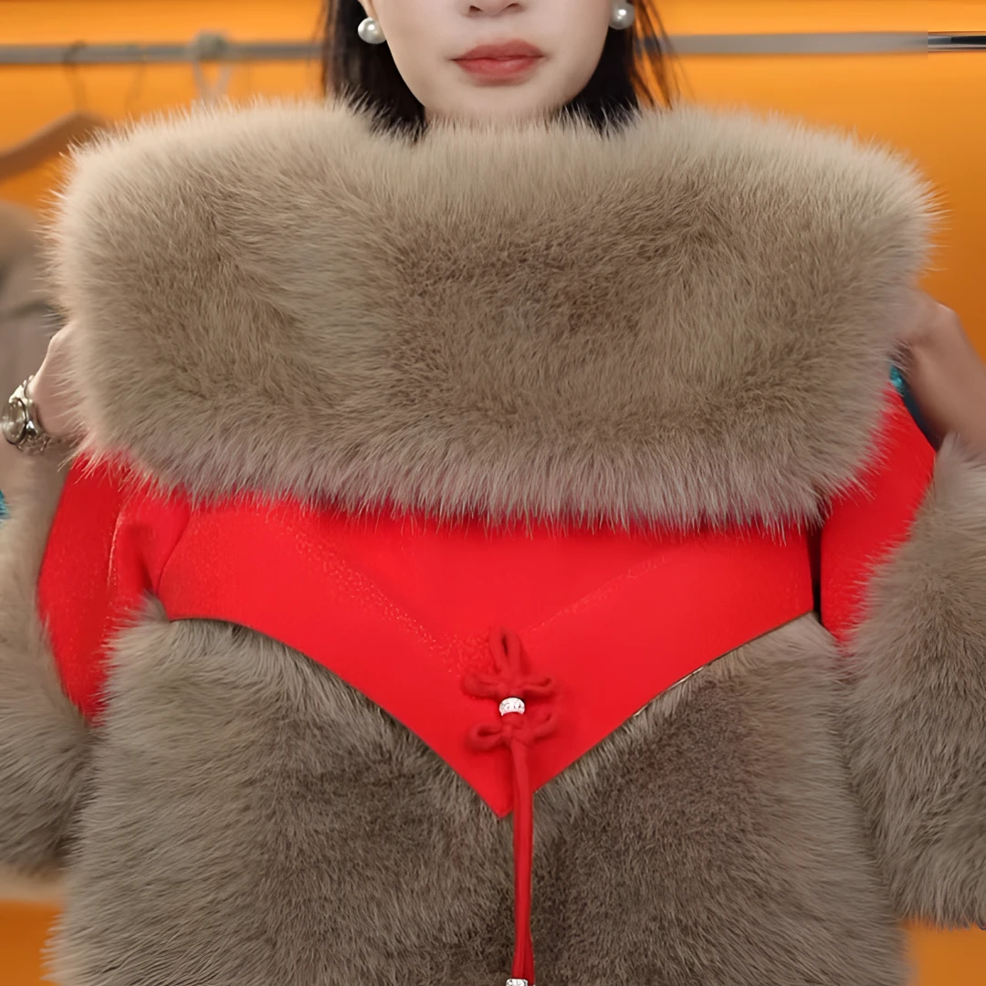 YYLX 中国结女童红色冬季毛领拜年服草草外套加厚