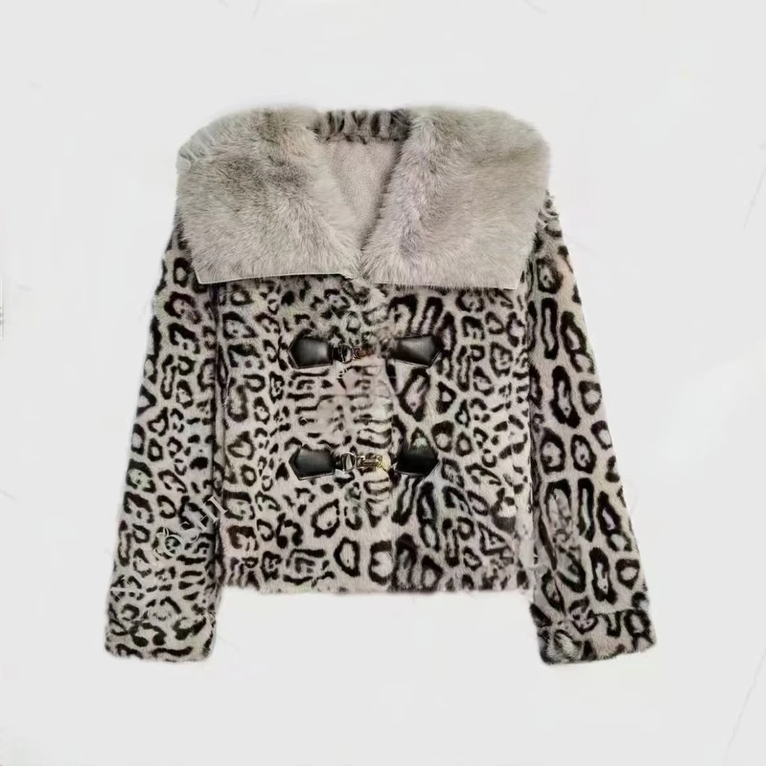 小个子短款豹纹外套女冬季2024新款百搭加厚毛毛大衣外套