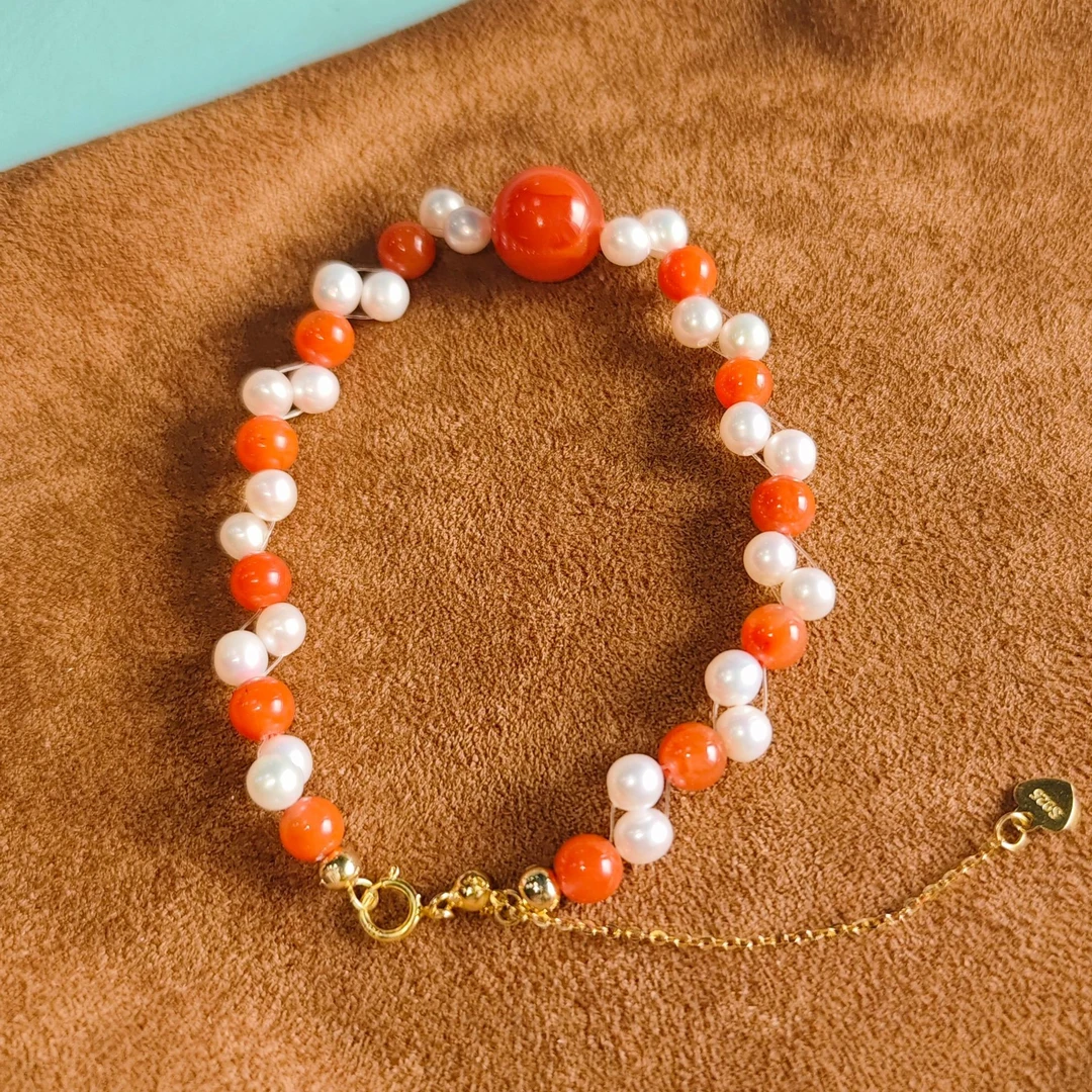 AJ170 落玉盘—南红柿子红天然珍珠强光高光设计款手链单圈时尚