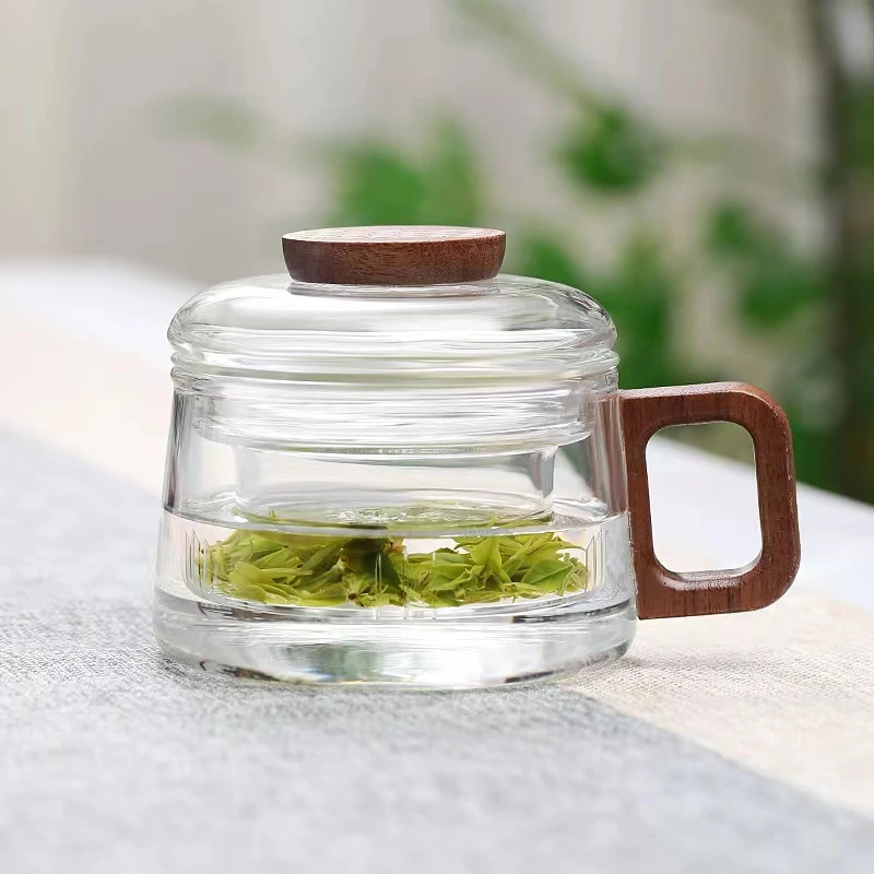 办公玻璃茶杯透黑墩墩杯咖啡杯茶水分离办公室专用高硼硅耐热水杯