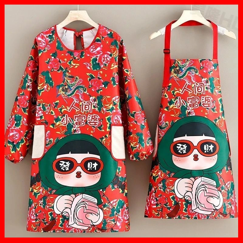 东北大花围裙厨房家用做饭围腰可防水防油长袖罩衣时尚洋气民族风