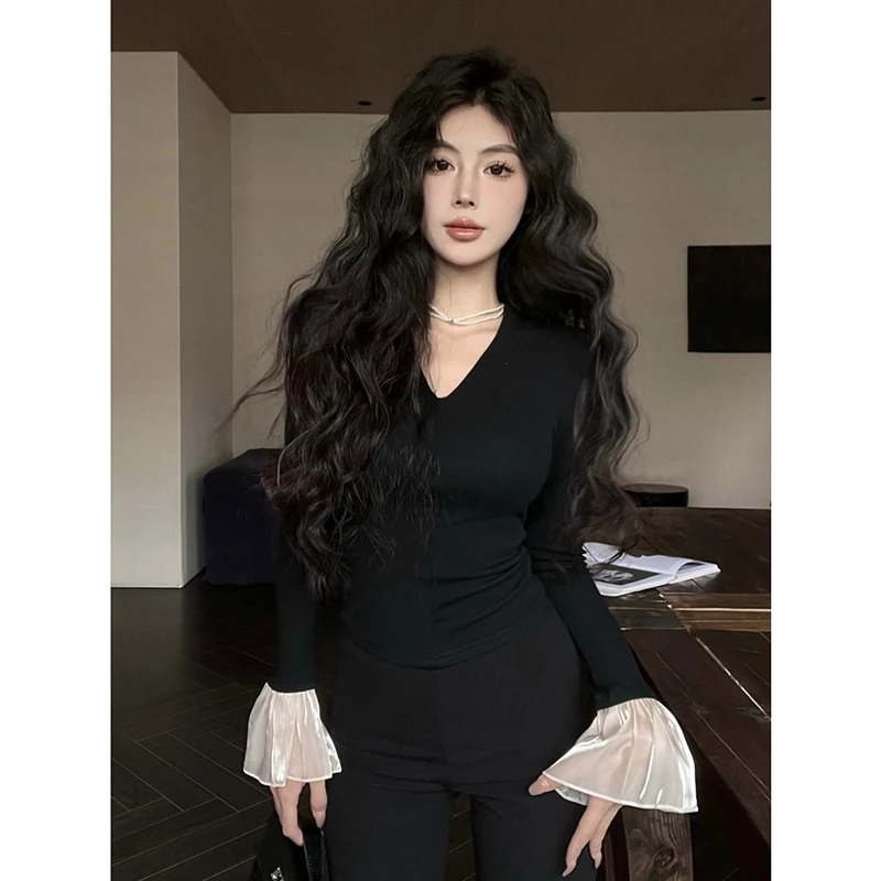 长袖2025新款气质时尚高级感V领荷叶袖打底衫百搭内搭修身显瘦上