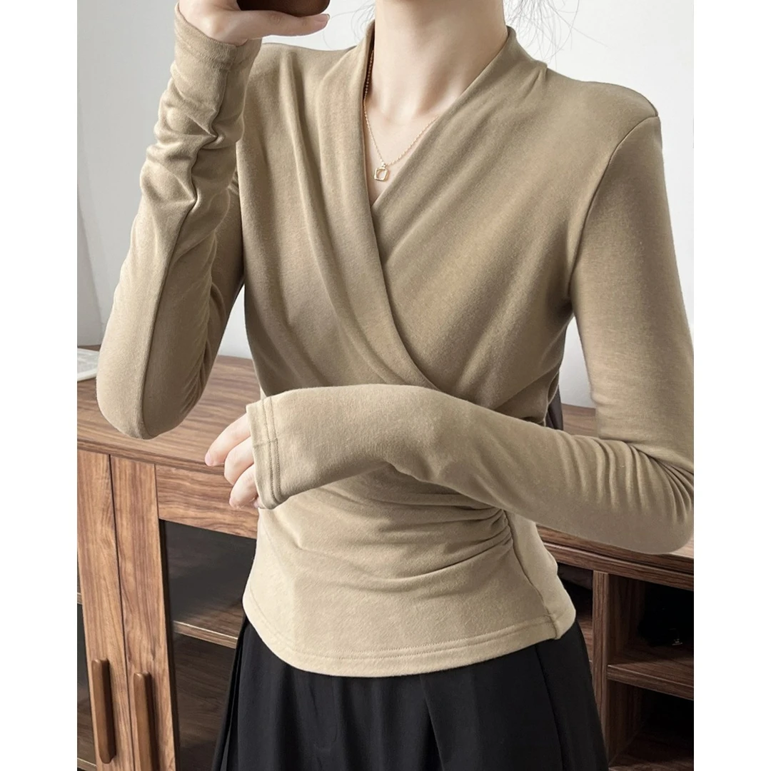 春秋新款打底衫长袖女装内搭衣服修身显瘦T恤交叉高端洋气上衣
