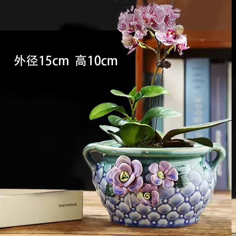 特色中号多肉花盆陶瓷Y34樱花大口径蓝色单个