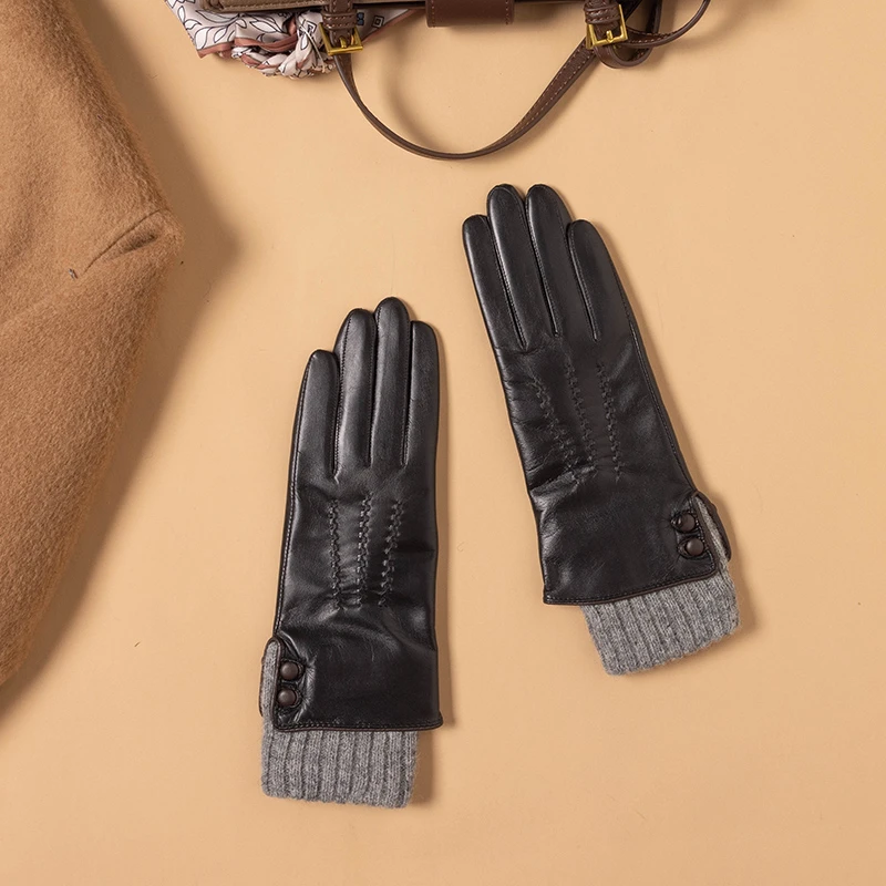 山羊皮真皮手套女冬羊毛线里罗口骑车开车中长款加绒加厚保暖触屏