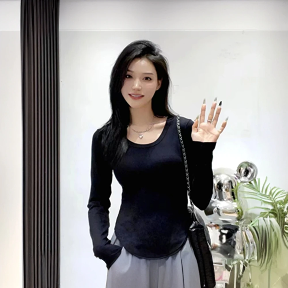 正肩德绒方领修身长袖t恤打底衫女显瘦内搭时尚秋冬百搭纯色上衣