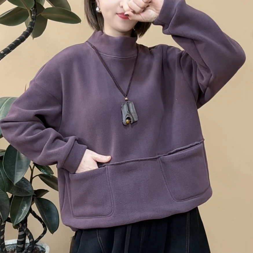 24101秋冬新款加绒加厚卫衣时尚休闲百搭宽松长袖冬季韩版纯色