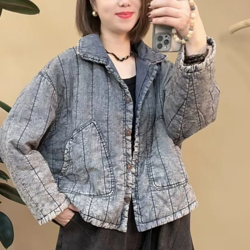 24079秋冬新款炒色做旧棉衣时尚休闲百搭宽松韩版拼接复古短款