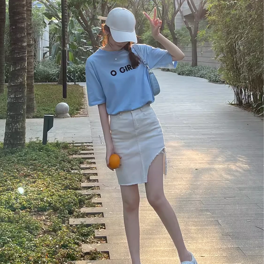 徐琳mini不规则破口牛仔半身裙女夏高腰显瘦包臀短款裙裤X210014