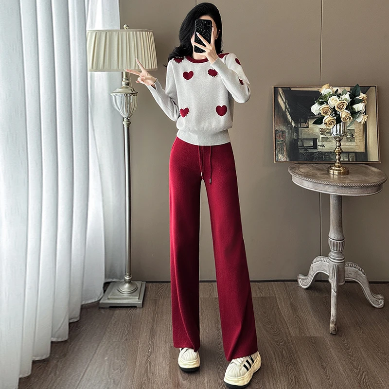 甜美少女感休闲时尚套装女秋冬季洋气减龄针织衫红色阔腿裤两件套