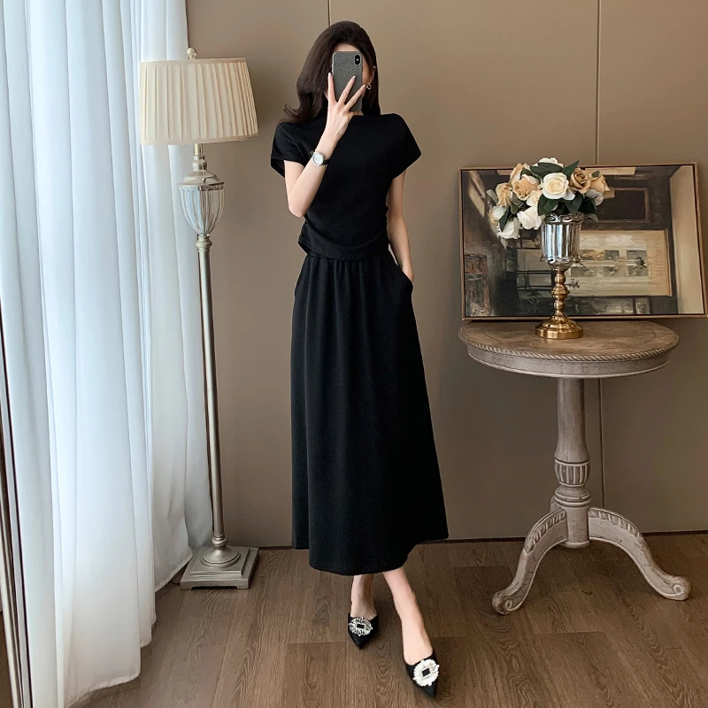 此念欧货黑色休闲时尚套装女2024夏黑色收腰短袖高腰半身裙两件套