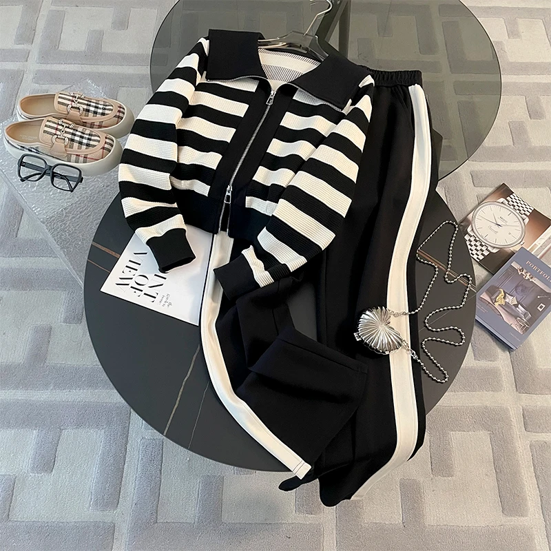 时尚海军领开衫休闲套装女2024秋季新款减龄洋气显瘦阔腿裤两件套