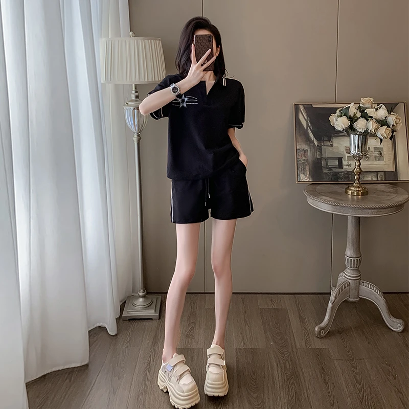 短袖短裤运动休闲时尚套装女2024夏季时尚洋气小个子黑色两件套潮