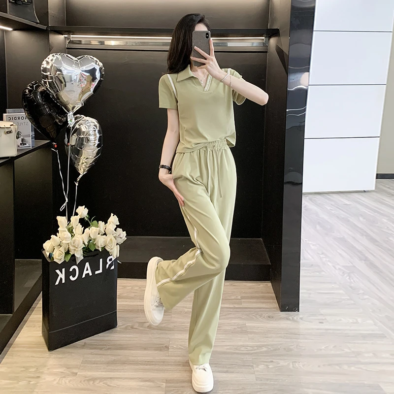 此念简约休闲时尚运动套装2025夏款洋气短款Polo领上衣高腰直筒裤