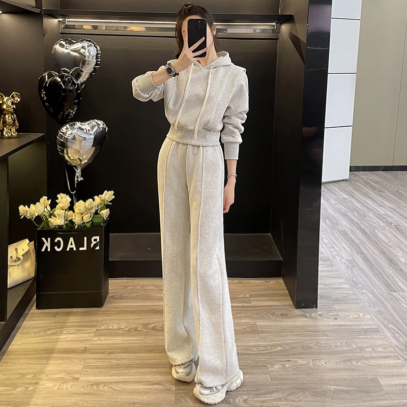 欧货高端休闲运动套装女春秋季新款时尚减龄灰色卫衣阔腿裤两件套