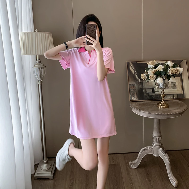 此念韩版慵懒风粉色短袖连衣裙女夏季洋气减龄宽松显瘦Polo领短裙