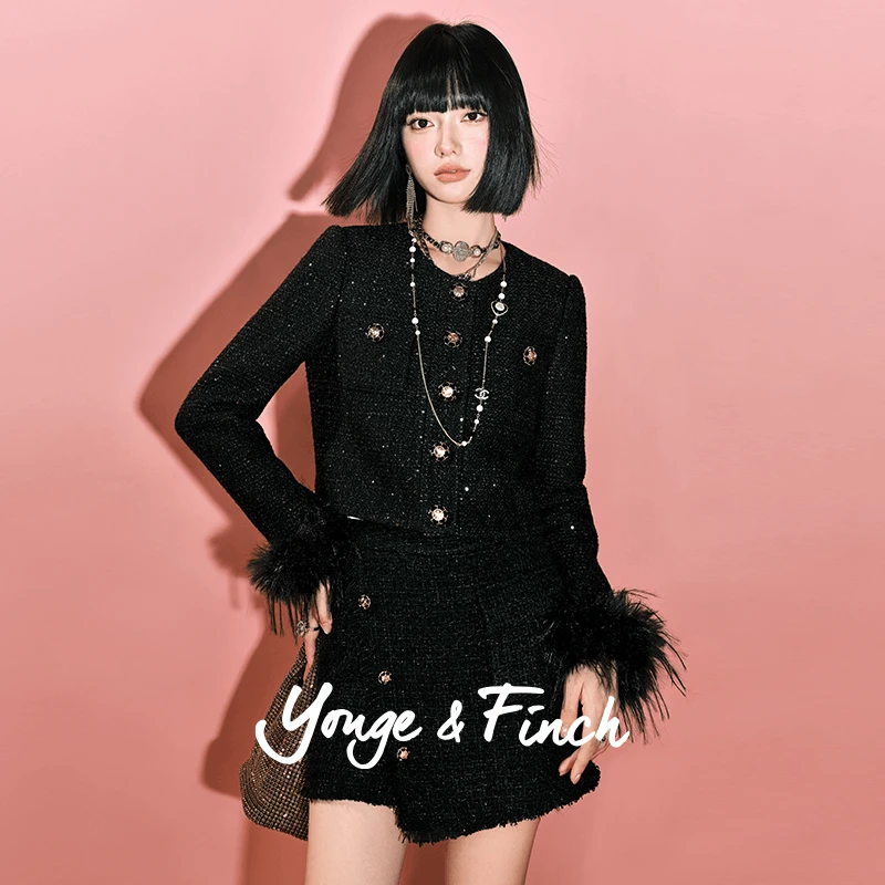 Yonge&Finch/扬芬缇2025春新款名媛气质小香风羽毛袖外套 ZARIEY