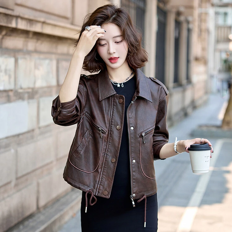 彩羊女皮衣外套春秋休闲百搭宽松韩版皮夹克外套翻领妈