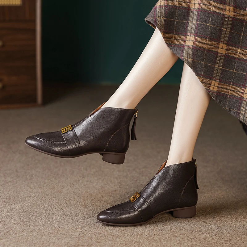 3m/羊皮/时尚真皮粗跟小短靴女冬季加绒芒果头软底软面高级感女系