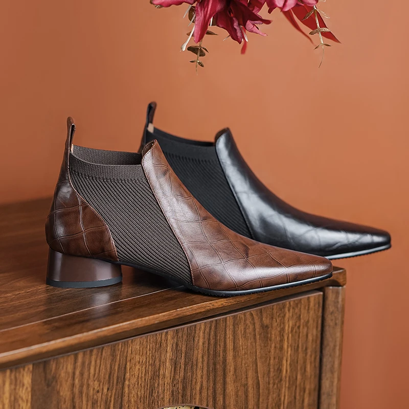 3cm/牛皮/高级感小短靴女新款格纹方头针织短筒百搭秋冬皮靴子女