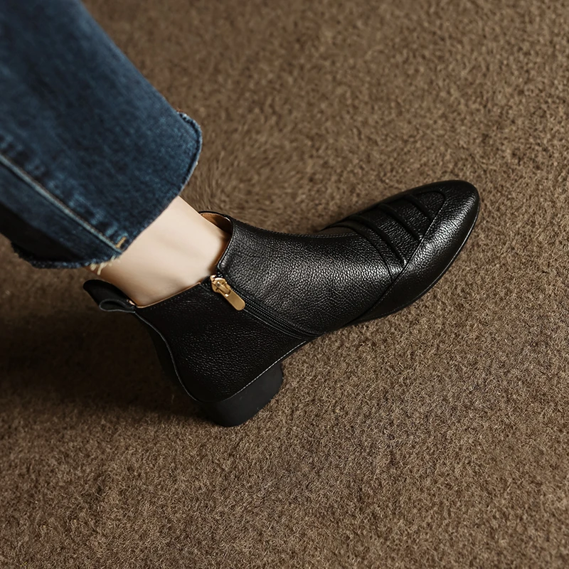 3cm/羊皮/法式复古粗跟短靴女2024冬新款软底侧拉链百搭舒适皮靴