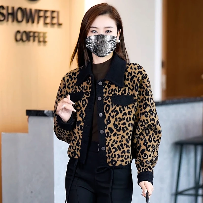 秋冬新款小个子洋气短款女装外套豹纹仿水貂双面毛呢上衣穿搭
