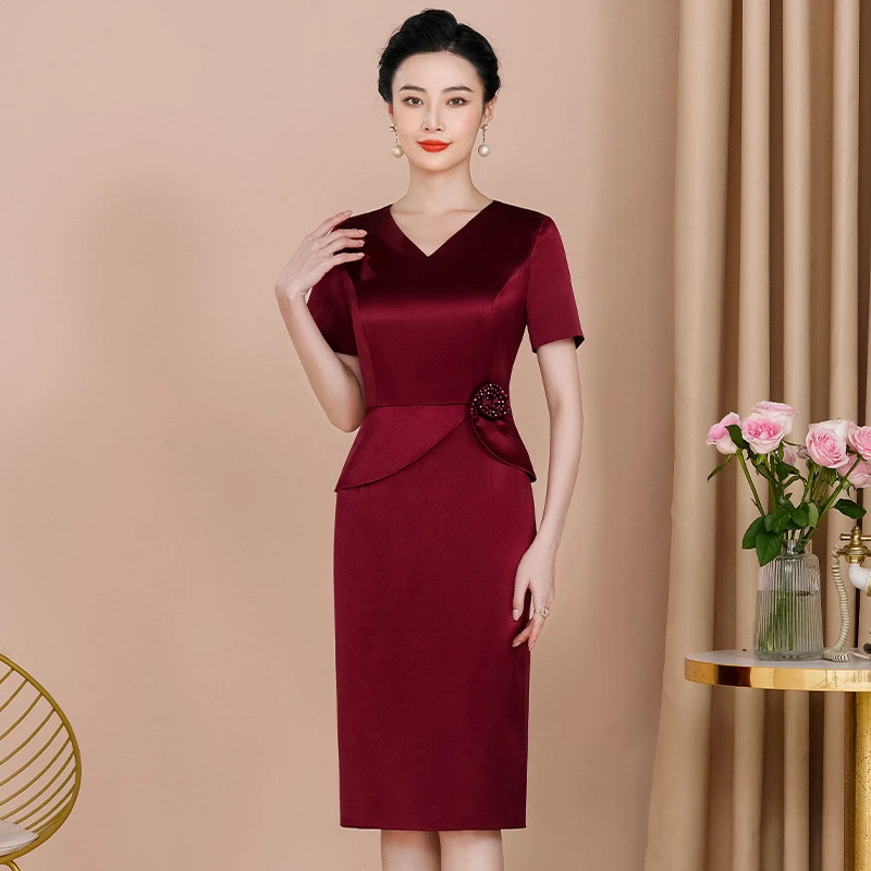 高档醋酸礼服裙中小个喜妈妈遮肚显瘦假二件喜婆婆婚宴连衣裙Z