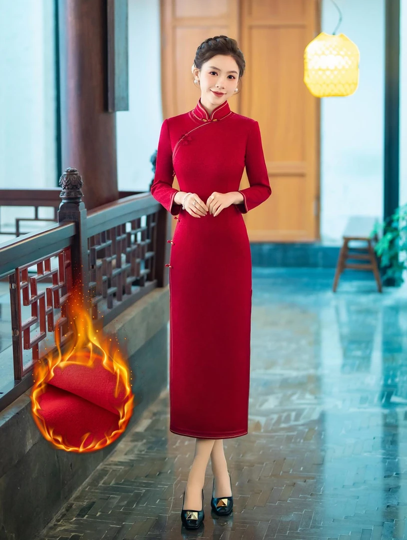 【加绒加厚】冬款中国红长袖喜婆婆旗袍喜妈妈婚宴装礼服气质HQ