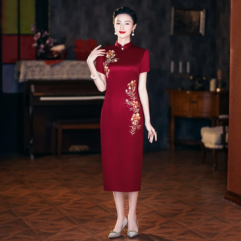 【正品苏绣】三醋酸改良旗袍后开叉喜婆婆婚宴妈妈礼服支持定制N