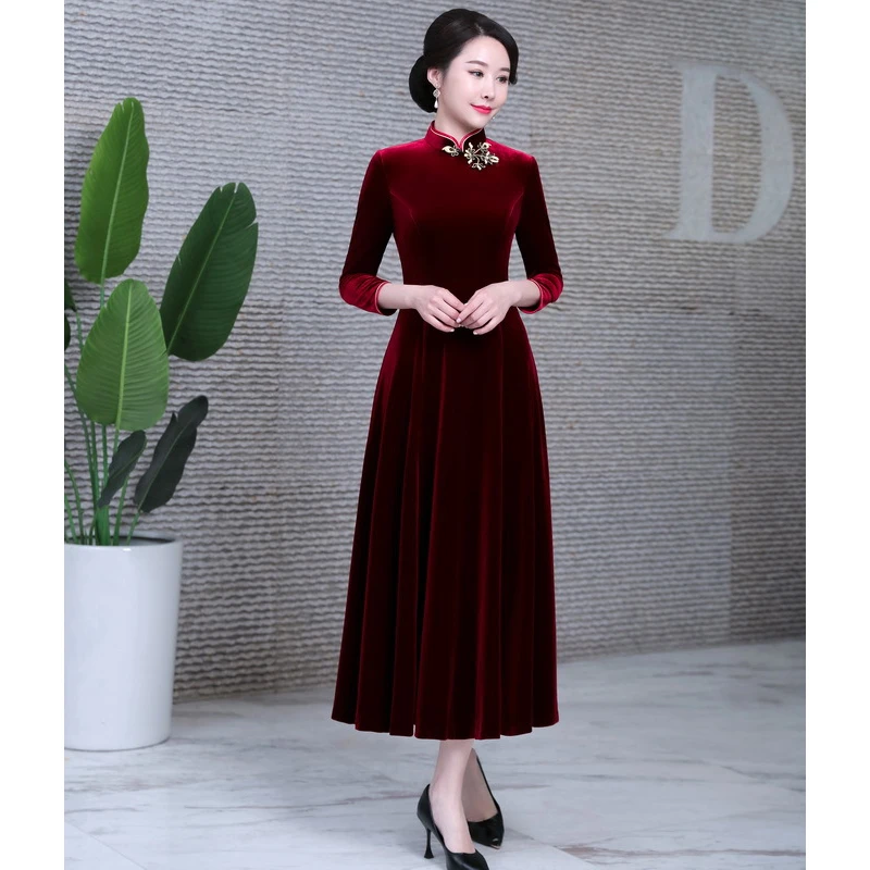 【长款+短款】秋冬款改良旗袍裙喜妈妈喜婆婆婚宴礼服连衣裙大摆M