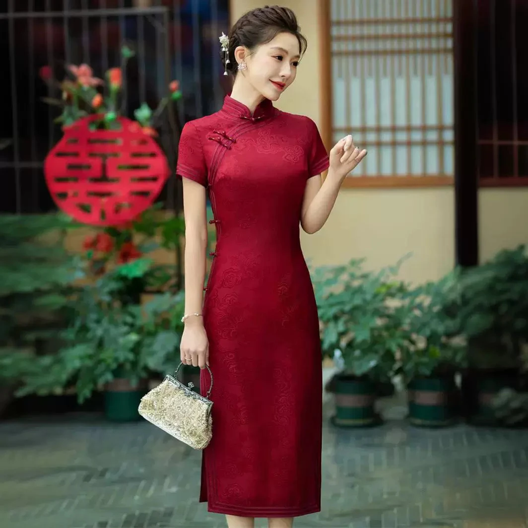 高档桑蚕丝手工真丝旗袍喜妈妈喜婆婆婚宴装新中式礼服敬酒服HQ